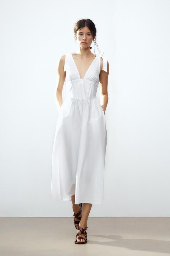 POPLIN MIDI DRESS WITH TIES | Zara UK