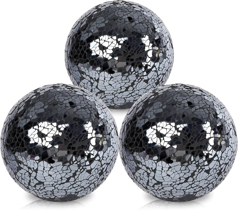 JOHOUSE 3PCS Decorative Balls, 4inch Black Sparkle Mosaic Glass Orbs Mirrored Centerpiece Balls O... | Amazon (US)