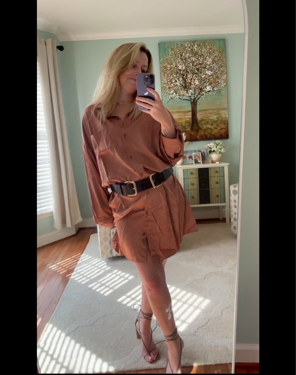 Silk shirt dress
Date night look
Add a belt to give yourself a shape
Wearing med
Vici code Trilbystyle 
Bronze sandals tts
Wide double belt

#LTKstyletip #LTKover40 #LTKsalealert
