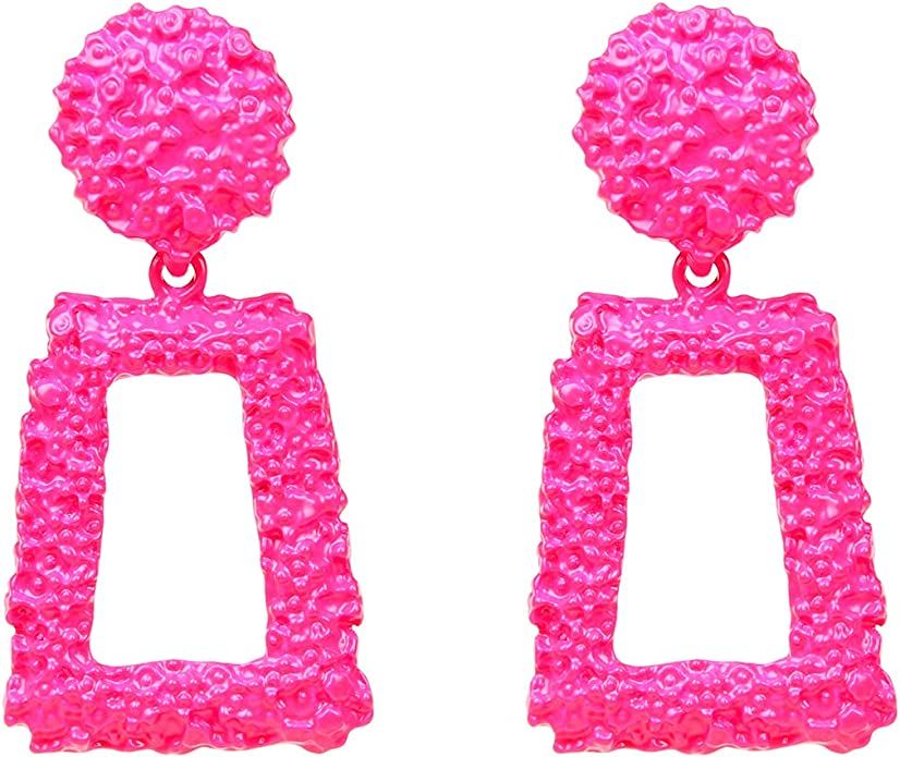 Amazon.com: Hot Pink Metallic Raised Design Rectangle Statement Earrings Fashion Jewelry KELMALL ... | Amazon (US)