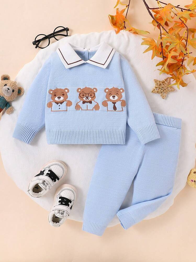 Baby Boy Cute Cartoon Bear Knitted Sweater And Pants 2pcs Set, Fashion And Versatile, Suitable Fo... | SHEIN