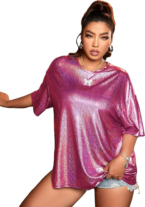 WDIRARA Women's Plus Size Metallic Short Sleeve Round Neck T Shirt Party Tee Top | Amazon (US)