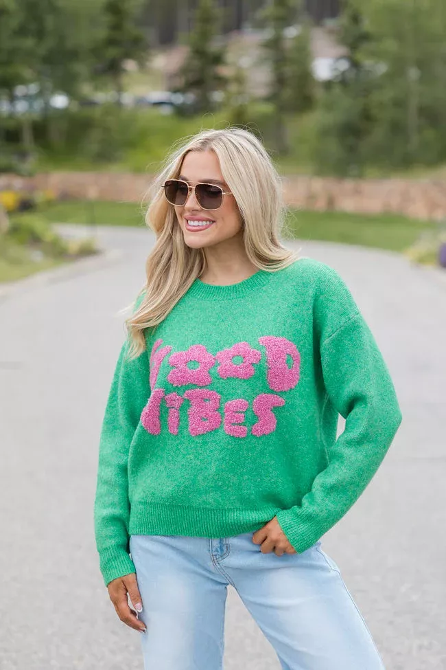 Give Off Good Vibes Green and Pink Sweater | Pink Lily