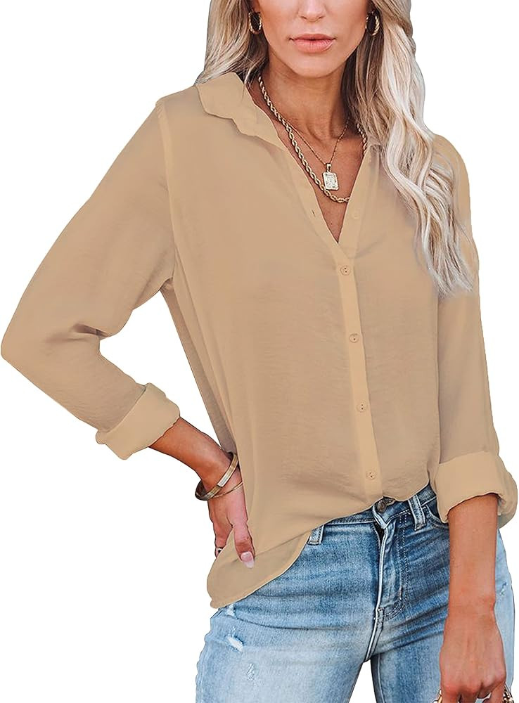 Diosun Womens Button Down V Neck Shirts Long/Short Sleeve Office Casual Business Plain Blouses To... | Amazon (US)