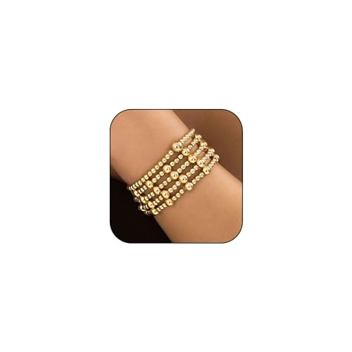 CSIYANJRY99 Gold Beaded Bracelets for Women Stackable Stretch Bead Bracelet Set 14k Gold Bracelet Stack Pack (Style L-5pcs Gold) | Amazon (US)