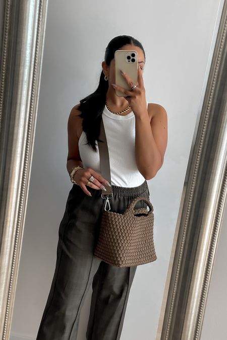 brunch outfit. casual weekend look. white tank, dad trousers, crossbody mini tote 

#LTKstyletip #LTKitbag