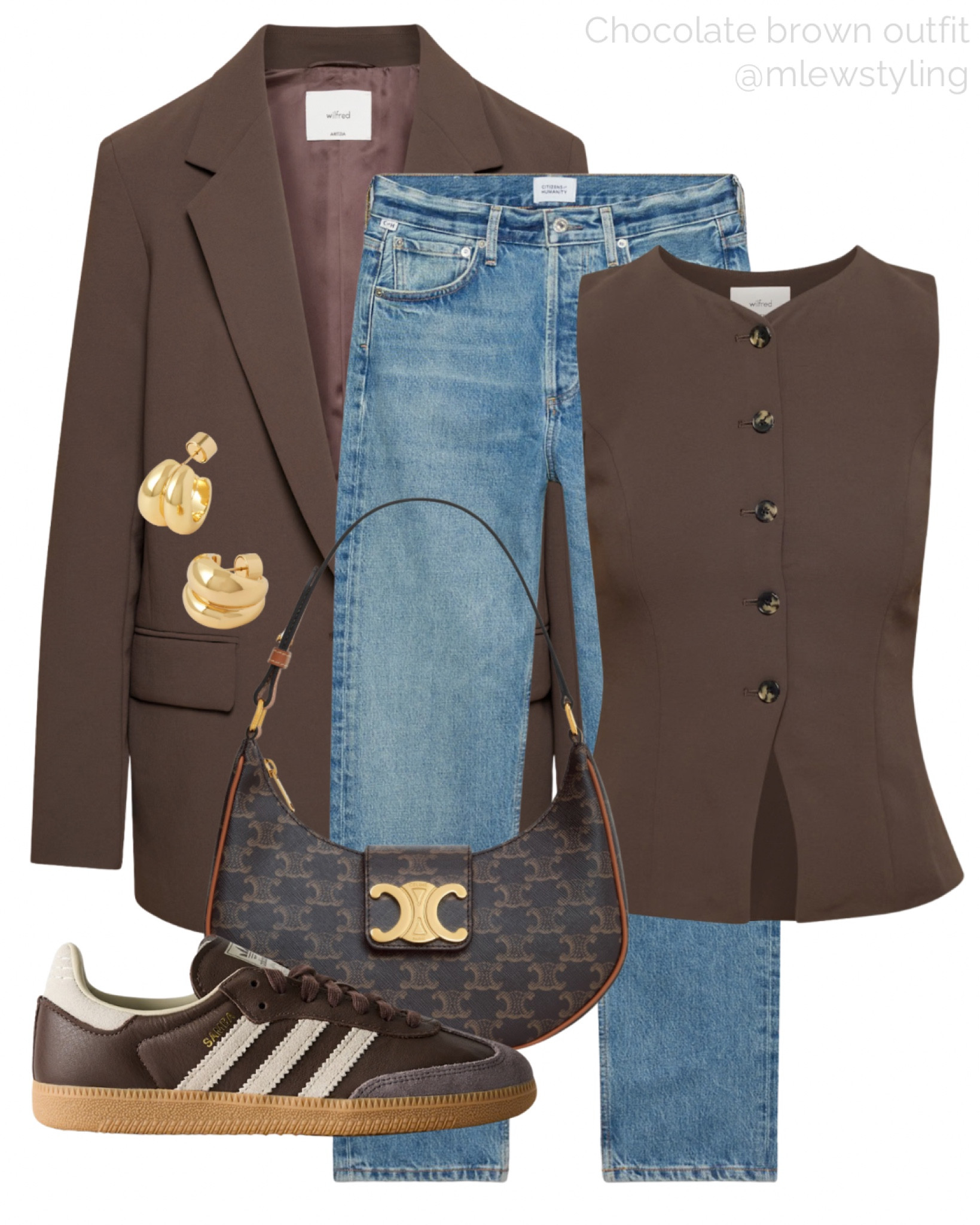Casual office outfit 🤎

Tags: winter outfit, aritzia chocolate brown generation blazer, citizens of humanity jeans, Adidas samba sneakers, Celine Ava triomphe bag, gold earrings, workwear 🤎

Tags: straight leg denim, early spring outfit, casual workwear, late winter outfit, chocolate brown shoulder bag, neutral aesthetic, work outfit, weekend outfit, capsule wardrobe, trending colours 

#LTKItBag #LTKShoeCrush 

#LTKWorkwear #LTKU #LTKSeasonal