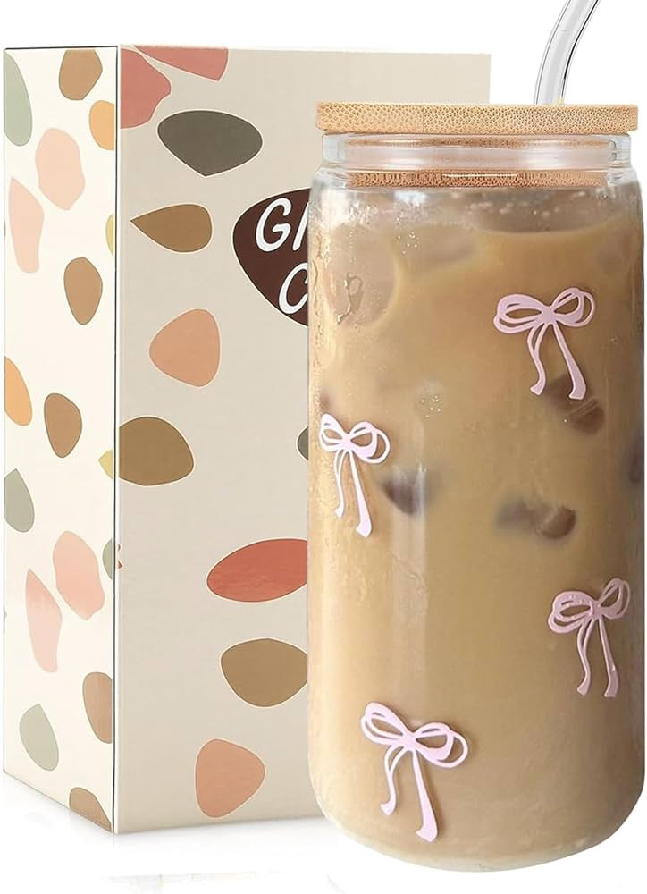 Coquette Aesthetic Glass Cups with Lids and Straws-Pink Bow Iced Coffee Cup with Lid,Straw,Cleani... | Amazon (US)