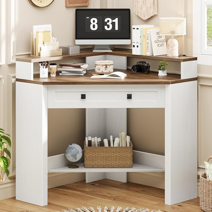 Small Corner Desk, Triangle Computer Desk for Small Space, Rustic White | Amazon (US)