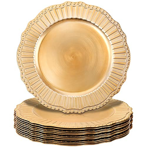 Dicunoy 12 Pack Charger Plates, 13Inch Gold Dinner Under Plates, Plastic Round Charger Service Base Plates, Reusable Beaded Server Ware Serving Trays for Wedding, Christmas Dinner Table | Amazon (US)