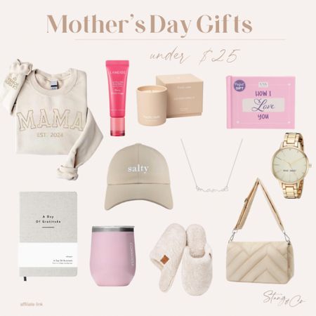 These Mother’s Day gifts are all under $25 and include a “mama” sweatshirt, lip balm, candle, a write in book, gratitude journal, “salty” hat, “mama" necklace, gold watch, an insulated wine tumbler, slippers, and a puffer bag. 

Gifts for mom, gifts under 25, Mother’s Day gift guide

#LTKfindsunder50 #LTKGiftGuide
