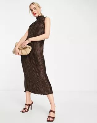 ASOS DESIGN satin plisse midi dress with high neck in chocolate | ASOS (Global)