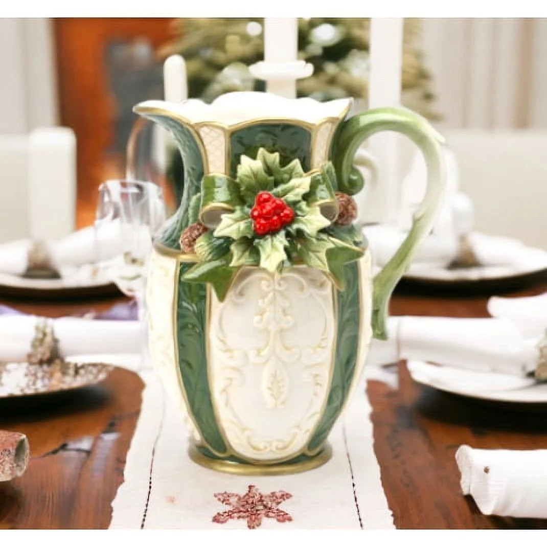 Hand Painted Ceramic Christmas Holly Pitcher 7.375 x 6 x 8.5 inches 56 oz | Walmart (US)