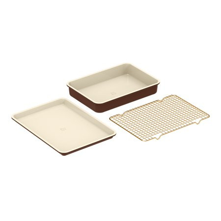 Beautiful 3-Piece Nonstick Metal Bakeware Set with Baking Sheet, 9" x 13" Cake Pan & Cooling Rack, Chocolate Brown by Drew Barrymore | Walmart (US)