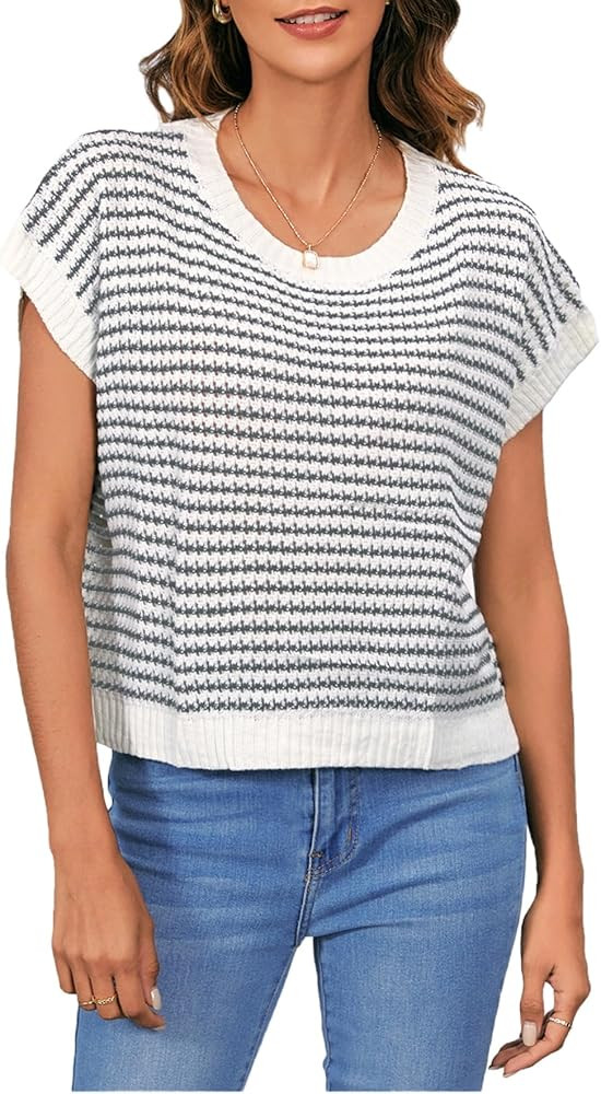 MakeMeChic Women's Striped Knit Vest Tops Short Sleeve Sweater Vest Tank Top | Amazon (US)
