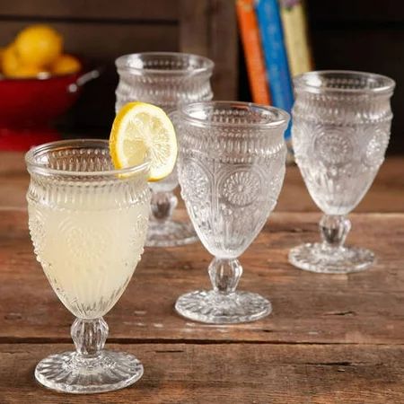 The Pioneer Woman Adeline Embossed 12-Ounce Footed Glass Goblets, Clear, Set of 4 | Walmart (US)