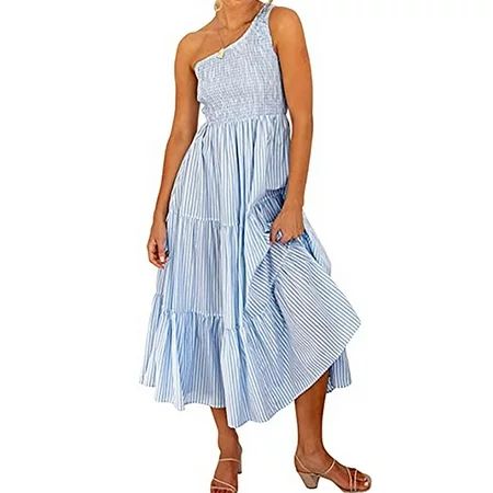 Glonme Ladies Plaid Print Bohemian Summer Beach Sundress Casual Travel Long Dress Sleeveless Party D | Walmart (US)