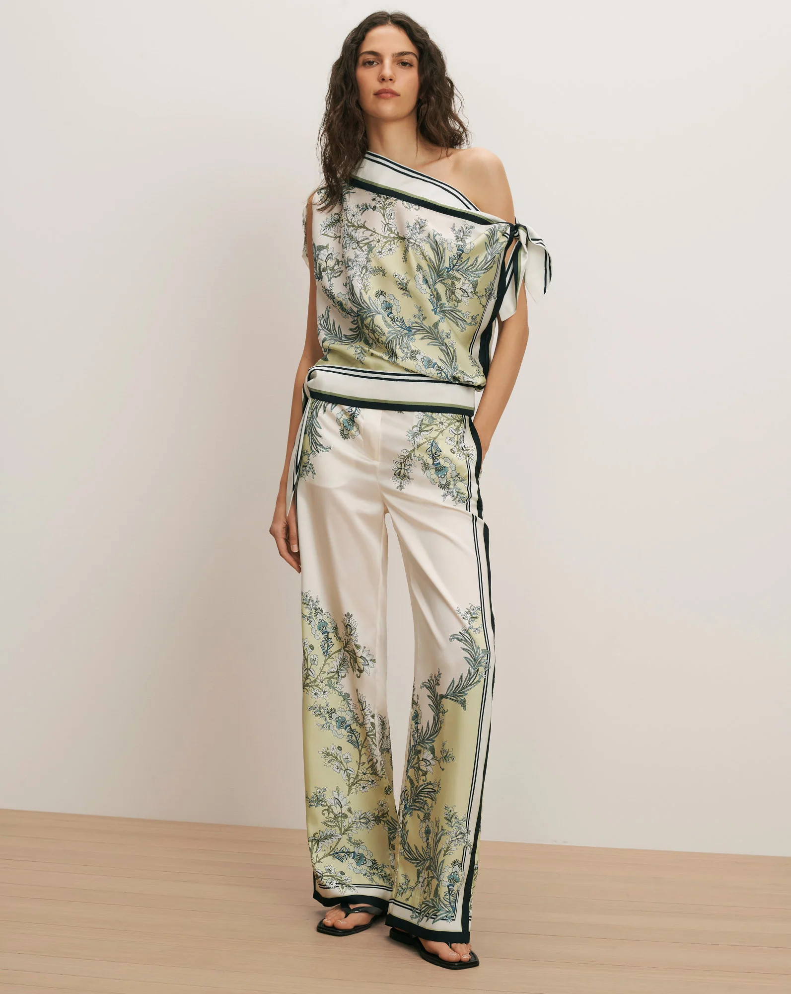 Grigore Wide-Leg Silk Pant in Light Green Pistachio Multi | Veronica Beard | Veronica Beard