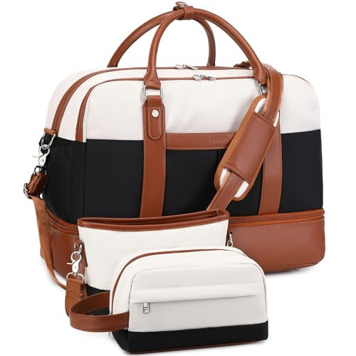 BOVIP Women's 3-IN-1 Canvas Travel Duffel Bag Set: Large Capacity Weekender Overnight Bag with Shoe Compartment, Carry On Tote Bag for Airplane Travel, Gym, Black White Set | Amazon (US)