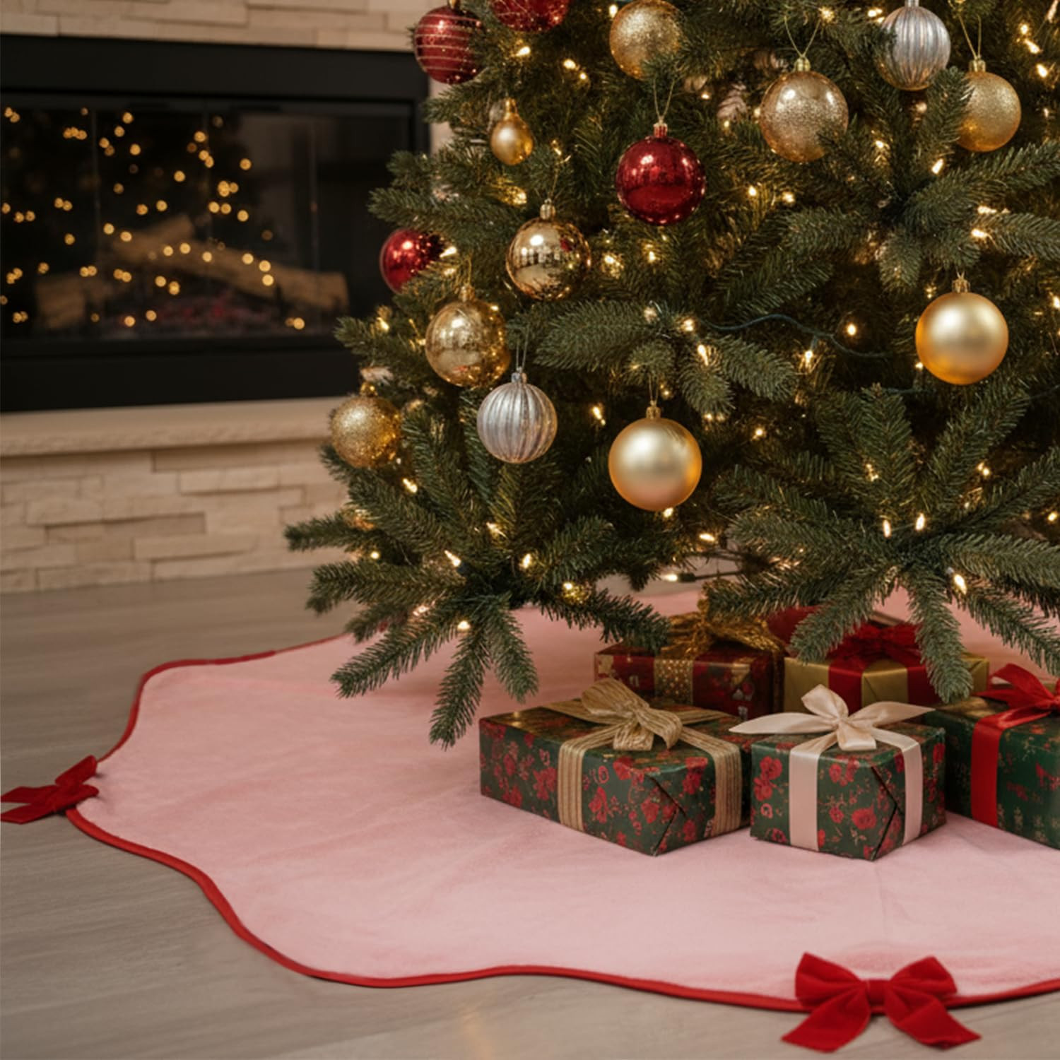 Pink Christmas Tree Skirt 48 inch with Red Velvet Bows Wavy Edge Faux Fur Plush Mat for 5-7FT Lar... | Amazon (US)