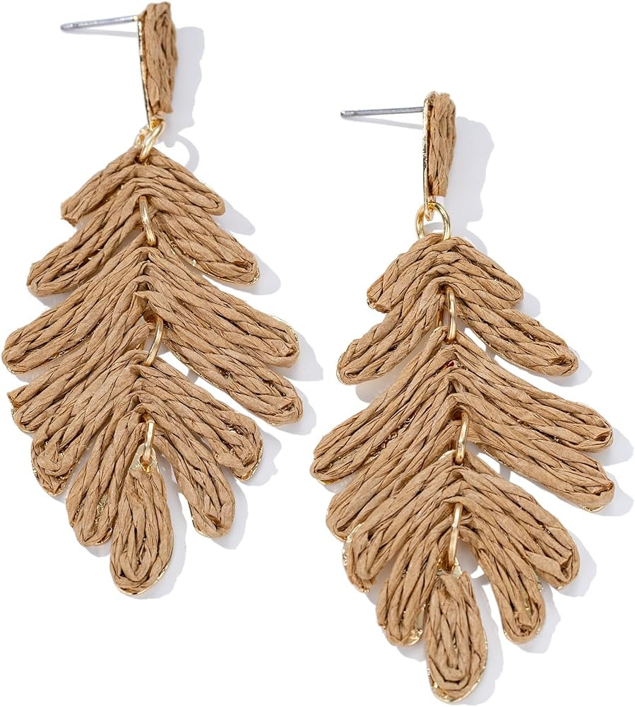 Boho Raffia Palm Leaf Dangle Earrings Cute Drop Dangling Gold Statement Jewelry Summer Beach Vaca... | Amazon (US)