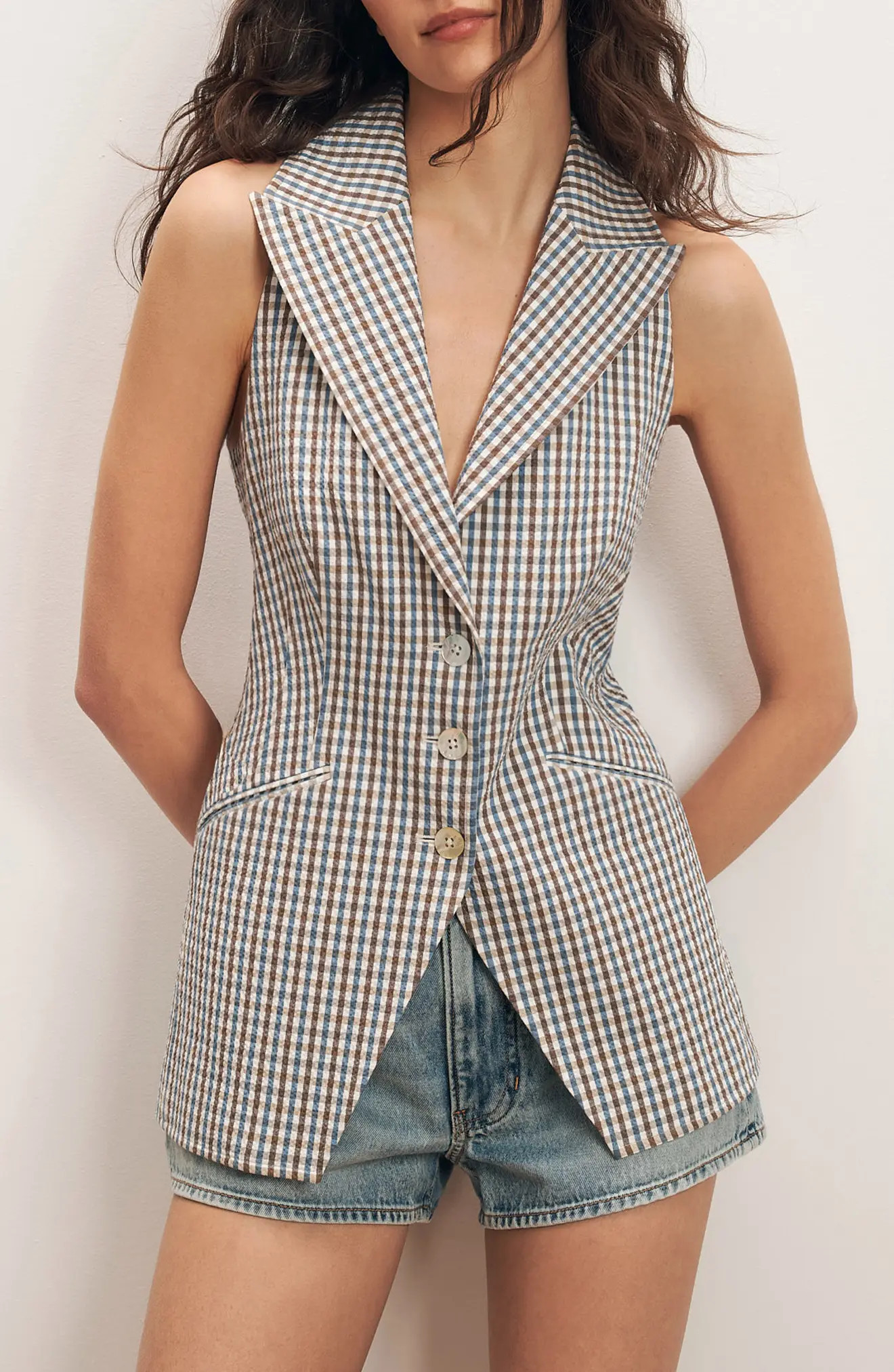 Veronica Beard Costa Stretch Cotton Gingham Vest in Acorn Multi at Nordstrom, Size 0 | Nordstrom