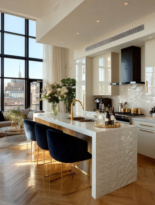 Kitchen islands are no longer just practical spaces.
They have become part of the living room story.

Because in modern homes, the kitchen is always visible.
It flows into the living room, the dining room, and the overall atmosphere of the home.

Which is why the details matter so much.

Imagine this kitchen island without those navy velvet and gold accent barstools.
The entire room would instantly feel flatter.

The softness of velvet, the richness of navy, and the warmth of gold completely transform the island into a statement piece instead of just a countertop.

And the secret to making it feel intentionally designed is the formula of three:
gold chair legs, gold faucet, and matching gold cabinet hardware.

When those three details work together, the kitchen instantly feels elevated, cohesive, and luxurious without requiring a full renovation.

This combination works beautifully in ivory kitchens, warm neutral homes, modern apartments, organic modern spaces, and even darker dramatic kitchens.

And if you are not ready for a complete makeover, simply swapping your faucet and cabinet hardware can completely refresh your kitchen.

In this edit, we included elegant velvet barstools, gold faucets, and beautiful cabinet hardware options to help you recreate this elevated kitchen island look at home.

#KitchenDecor #KitchenIsland #HomeDecor 

 #LTKHome