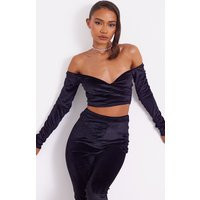 Petite Black Off The Shoulder Velvet Longline Top | PrettyLittleThing UK