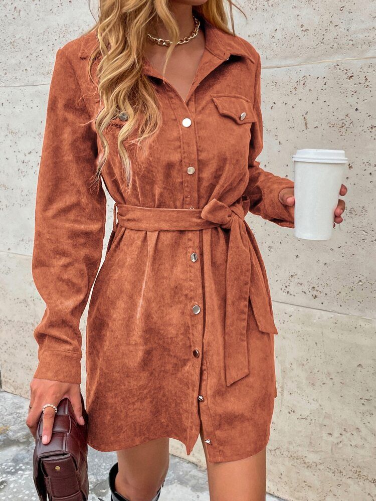 Corduroy Solid Belted Shirt Dress | SHEIN