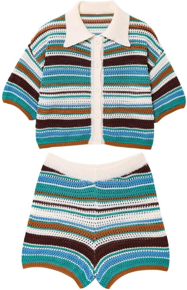 Womens Cropped Short Sleeve Polo Sweater Striped Button Up Collar Knit Tops Crochet T Shirt | Amazon (US)