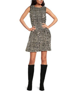 Woven Metallic Houndstooth Crew Neck Sleeveless A-Line Coordinating Mini Dress | Dillard's
