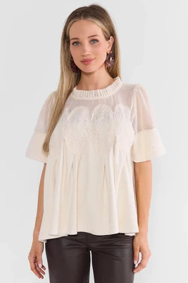 Gabrielle Ivory Mesh Embroidered Top | Avara