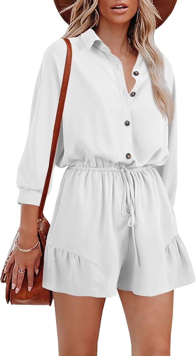 Wenrine Women's Rompers Shorts Button Down 3/4 Sleeve Ruffles Wide Leg Elastic Waist Casual Jumps... | Amazon (US)