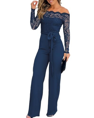CHICME Off Shoulder Jumpsuits for Women Dressy Jumpsuits Casual One Piece Outfits Straight Leg Pants Blue-XL | Amazon (US)