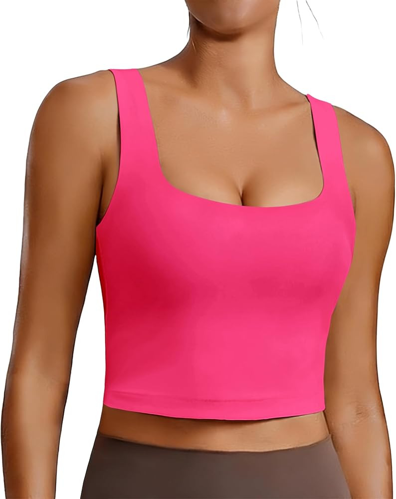 PINSPARK Sports Bra for Women Square Neck Longline Tank Top with Built in Bra | Amazon (US)