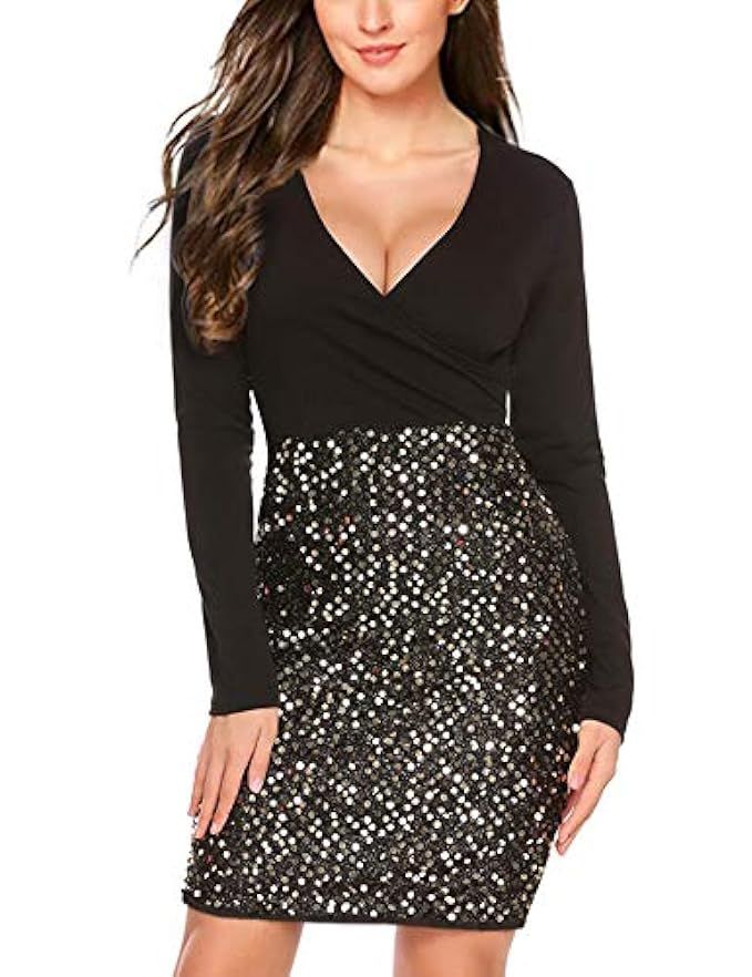 Hotme Women's Sequin Glitter V Neck Long Sleeve Sexy Wrap Front Bodycon Stretchy Mini Party Dress | Amazon (US)