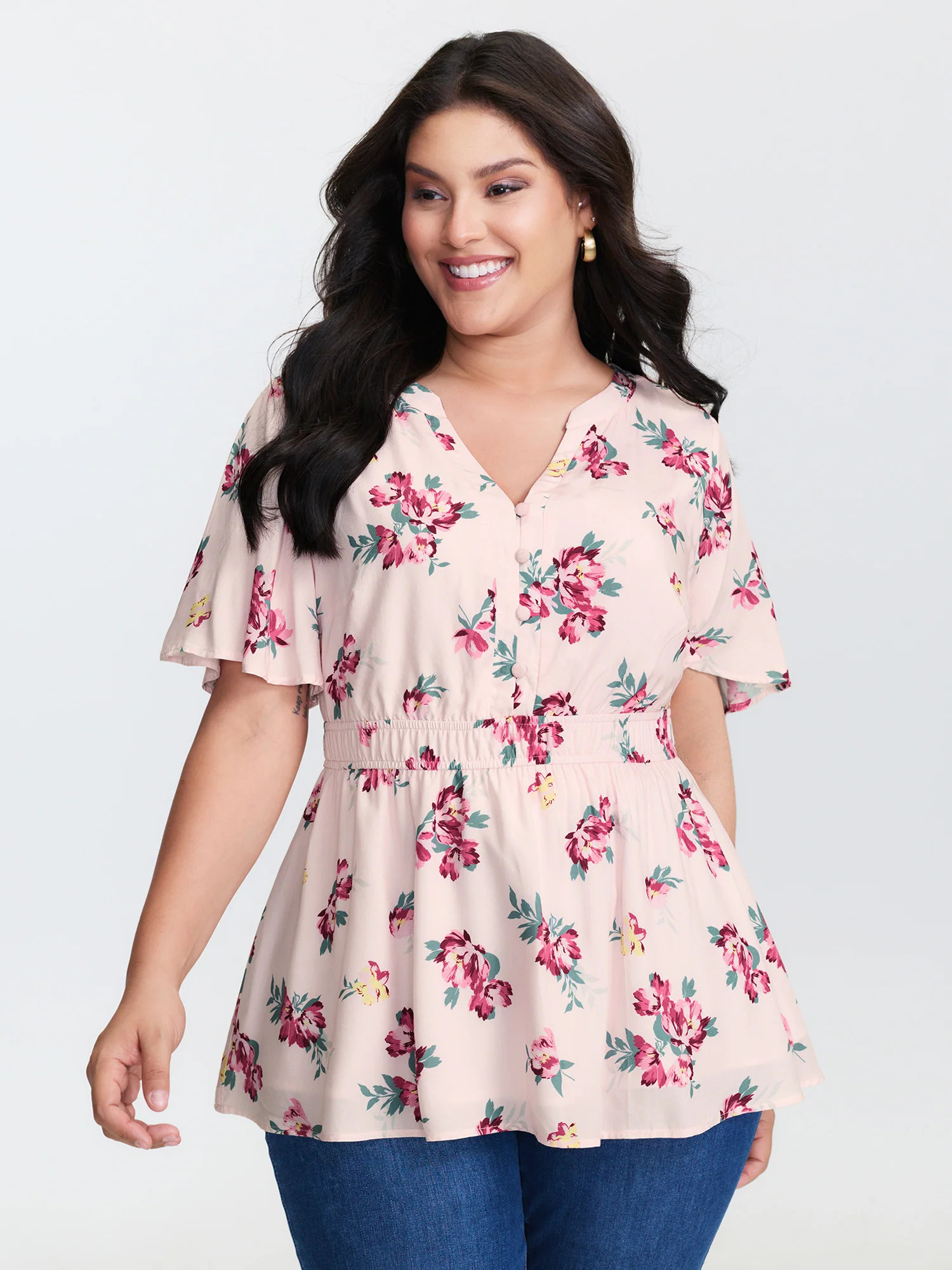 Supersoft Rose Print V-Neck Blouse | Bloomchic
