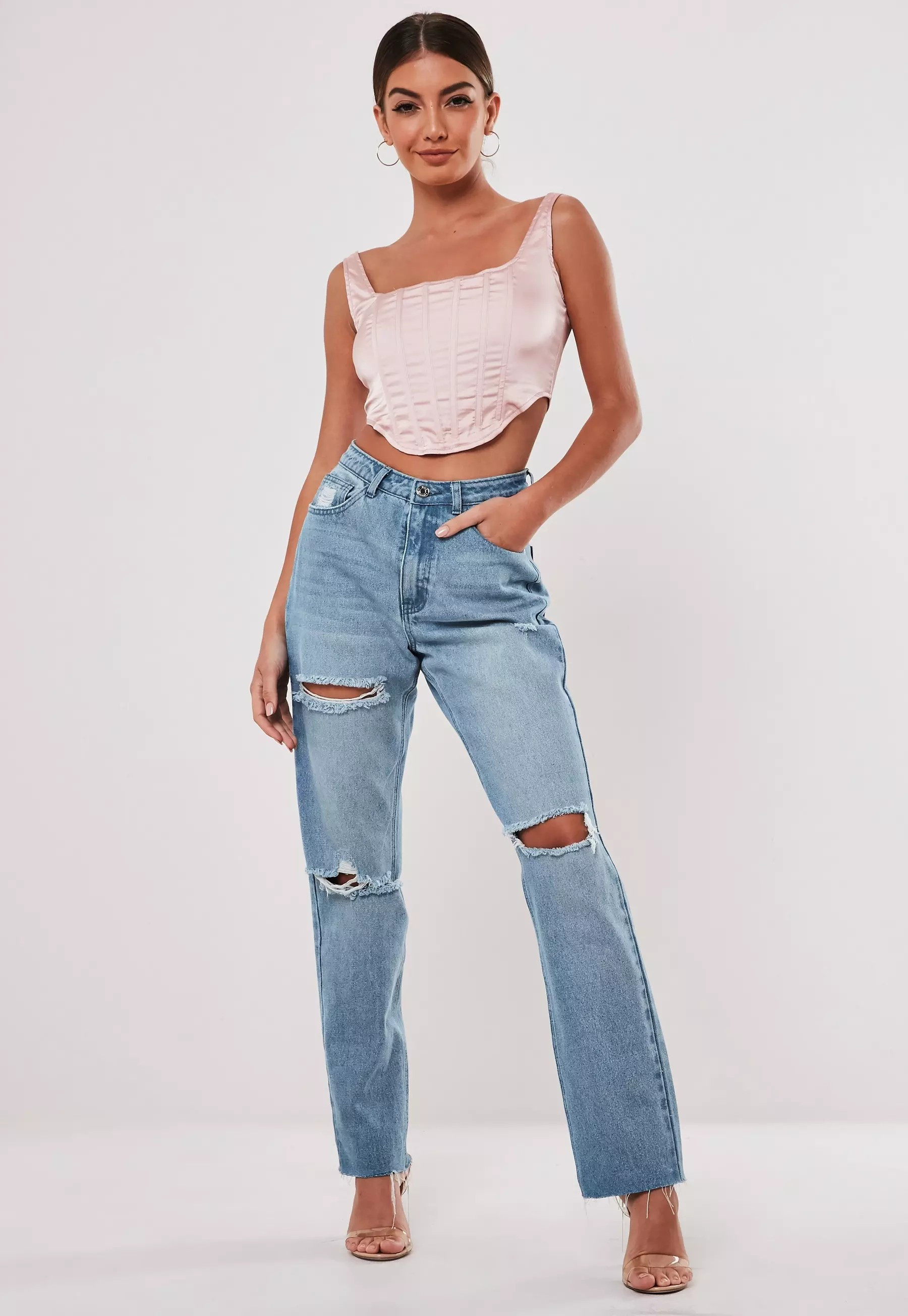 Missguided - Light Blue Wrath Highwaisted Slash Straight Leg Jeans | Missguided (US & CA)