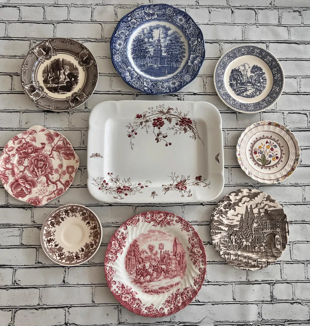 Mismatched Floral Transferware Plates- Set of 9 Vintage Wall Decor | Etsy (US)