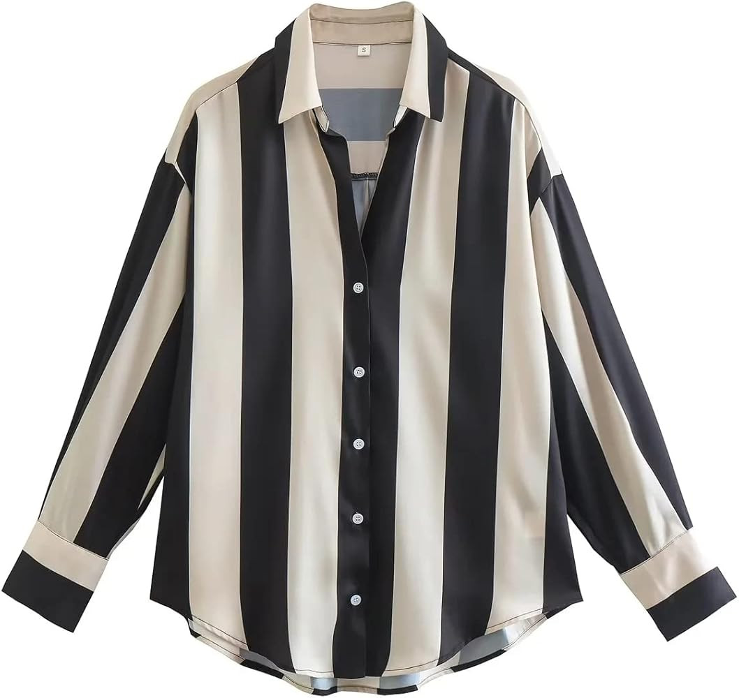 Satin Button Down Shirts for Women Long Sleeve Silky Pinstripe Casual Blouse Summer Top | Amazon (US)
