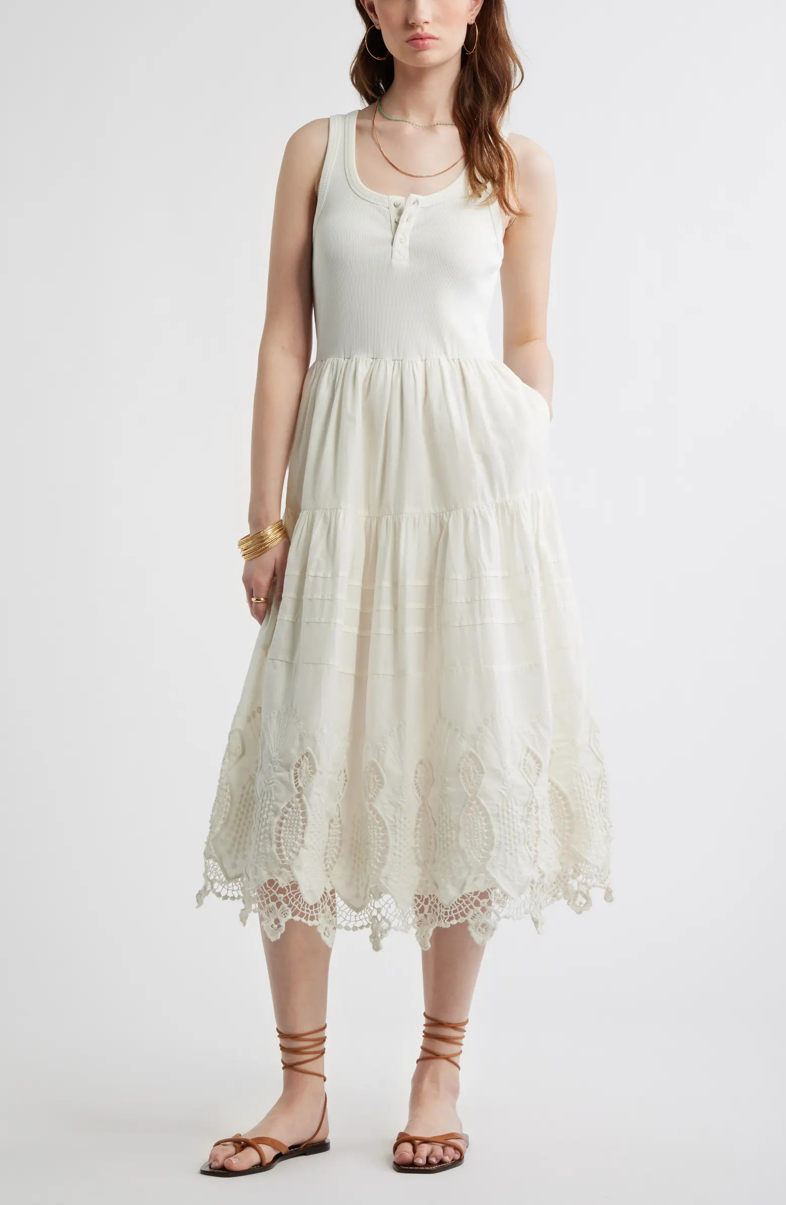 Treasure & Bond Embroidered Mixed Media Henley Tank Dress | Nordstrom | Nordstrom