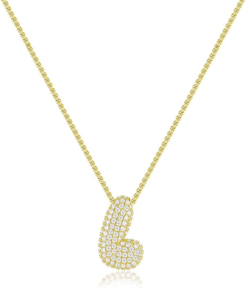 KissYan Bubble Letter Necklace, 14K Gold Plated Balloon Initial Pendant Box Chain Necklace Dainty... | Amazon (US)
