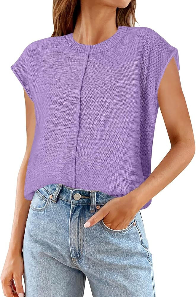 MEROKEETY Women's Summer Cap Sleeve Crewneck Tops Casual Loose Fit Knit Sweater Pullover Tank Top | Amazon (US)