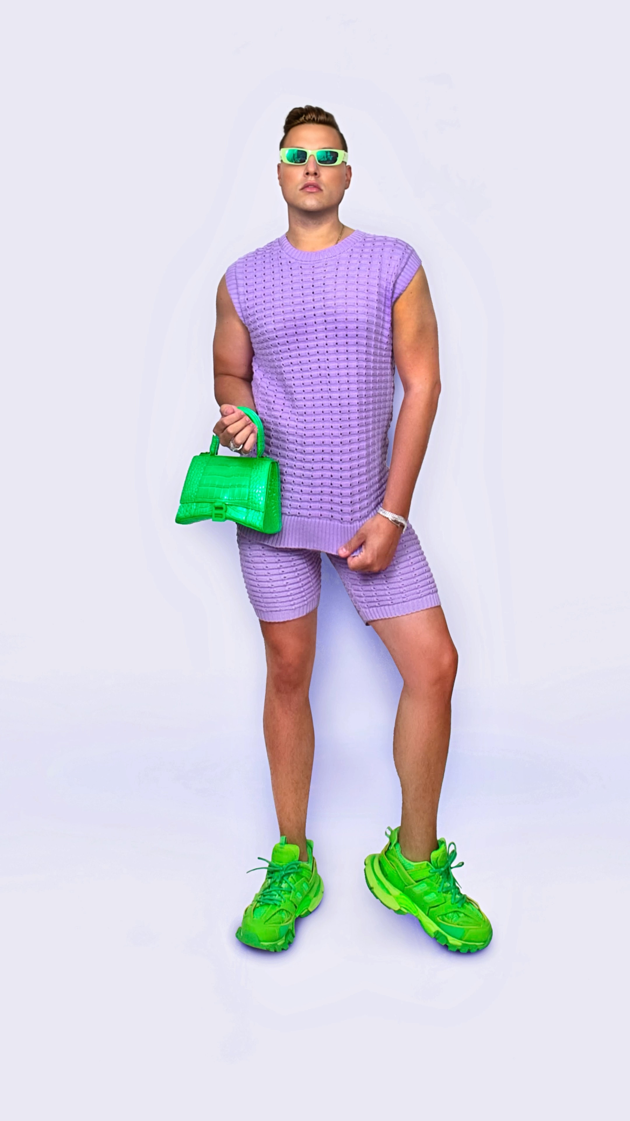 This purple set is a knit material and super stretchy and comfy, but hugs the body really well. It was under $50 for the set! Loved pairing it with lime green accessories for a color block look. Vibrant colors for the win this summer #LTKVideo 

#LTKShoeCrush #LTKFindsUnder50
