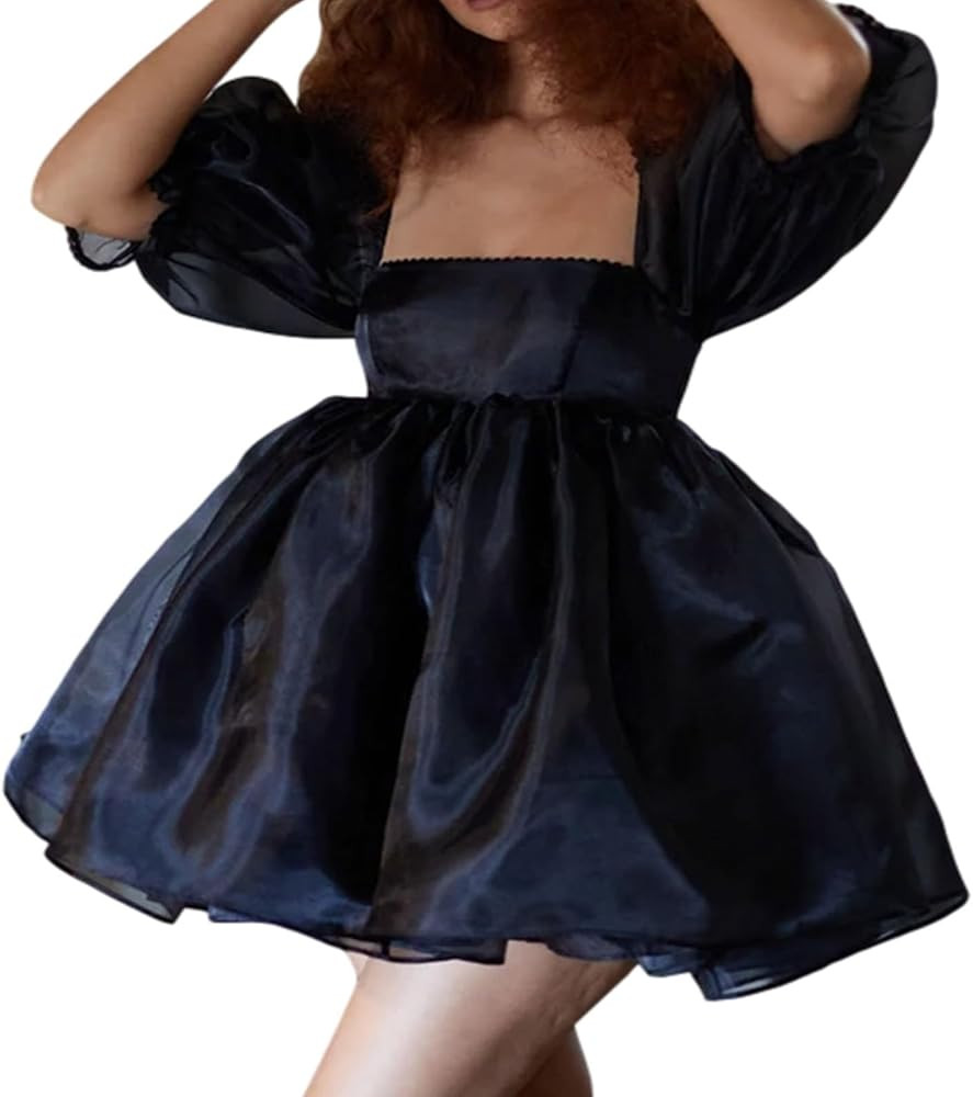 Women Bubble Sleeve Square Neck Tulle Dress Mesh Fluffy Fairy Princess Mini Dress Puffy Sleeve Pa... | Amazon (US)