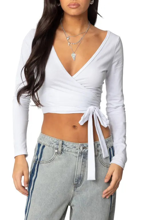 EDIKTED Aila Wrap Crop Top in White at Nordstrom, Size X-Small | Nordstrom