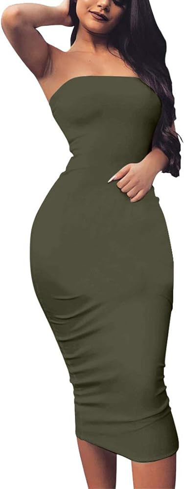 BORIFLORS Women's Basic Sleeveless Tube Top Sexy Strapless Bodycon Midi Club Dress | Amazon (US)
