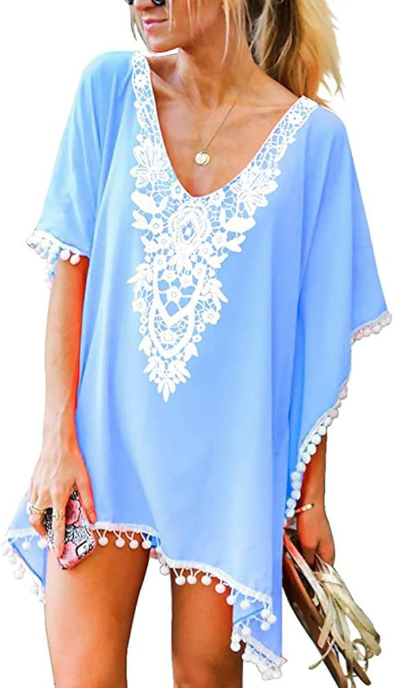 CPOKRTWSO Women’s Crochet Chiffon Tassel Swimsuit Beach Bikini Cover Ups for Swimwear | Amazon (US)