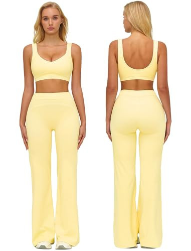 ABOCIW Workout Sets for Women 2 Piece Yoga Pilates Outfits Color Block Sports Bras Matching High Waist Tummy Control Wide Leg Yoga Pants Gym Active Wear Work Out Clothes A-Yellow X-Small | Amazon (US)