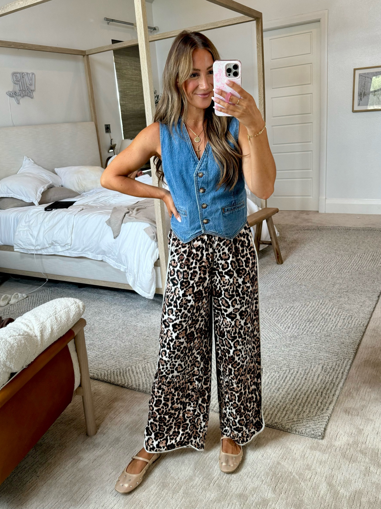 Leopard pants - linked a few options! In a small. Denim vest restocked in small! Target mesh ballet flats 

#LTKStyleTip #LTKShoeCrush #LTKWorkwear